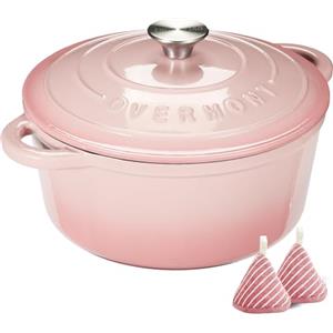 Overmont Casseruola in Ghisa Smaltata - Antiaderente Forno Olandese con Coperchio - Ø26 CM Rotonda Cocotte per Adatto a Piani di Cottura e Forni a Induzione - Rosa