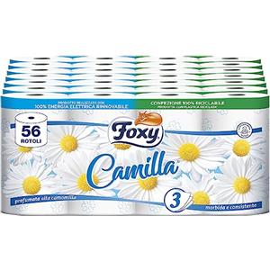 Foxy Camilla | Carta igienica 3 veli profumata alla camomilla | 56 rotoli | 160 strappi per rotolo | Carta 100% certificata PEFC | Confezione 100% riciclabile