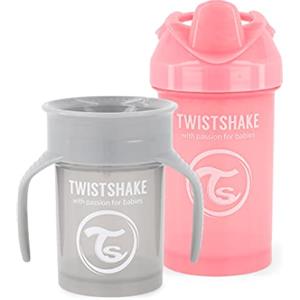 Twistshake Tazze Senza Fuoriuscita Per Bambini - Set Di 2 | 1x Tazza Da 360 + 1x Tazza Con Manico |Senza BPA| Per L'allenamento e L'apprendimento | Grigio Rosa