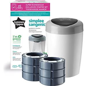 Tommee tippee - Pattumiera Mangiapannolini Simplee Sangenic, con 6 Ricariche, Colore: Bianco e Grigio, 0, 1