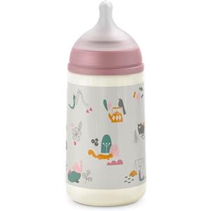 Suavinex Biberon 270 ml, Biberon con Tettarella Simmetrica in Silicone SX Pro, con Valvola Anticolica, Biberon con Tettarella Flusso Medio, M, per Bambini +3 Mesi, Walk in the Park Rosa