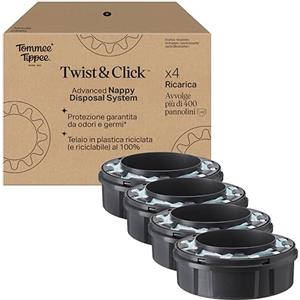 Tommee Tippee ricariche originali per Sistema Avanzato di Smaltimento Pannolini Twist and Click, confezione esclusiva da 4, per una ricarica facile e conveniente (la confezione può variare)