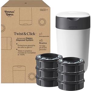 Tommee Tippee Starter set Mangiapannolini Twist & Click con 6 Ricariche con Pellicola Antibatterica Multistrato, Bianco (la confezione può variare)