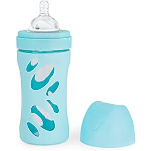 Twistshake Biberon in Vetro con Tettarella Rotonda con Silicone Sistema Anti-Coliche Flusso Medio, Latte Bottiglia di Bevanda per L'Alimentazione con Apertura Ampia, 260 ml, 2 + Mesi, Blu Pastello