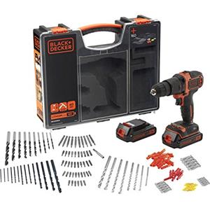 BLACK+DECKER, Trapano/Avvitatore a percussione 18V Litio in valigetta premium con doppia batteria ed extra accessori. BDCHD18BOA-QW