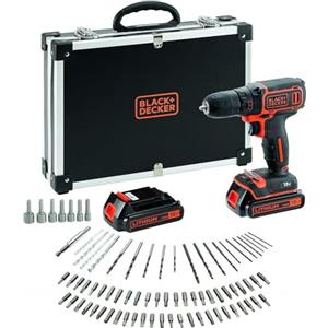 BLACK+DECKER, Trapano avvitatore 18V 1,5Ah con 2 batterie, caricabatterie rapido e 80 accessori in valigetta. BDCDC18BAFC-QW