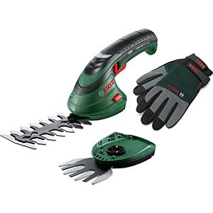 Bosch Home and Garden Set forbici per erba a batteria Isio (3,6 Volt, lunghezza lama 12 cm, spessore di taglio 8 mm, con guanti da giardinaggio XL inclusi, confezione con custodia morbida)