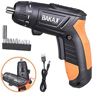 Bakaji Avvitatore Cacciavite Elettrico 3.6V 1.500mAh Batteria Ricarica USB 3Nm 200rpm con Mandrino Magnetico Testa Girevole a 90° Luce a Led Trapano Manico Ergonomico 10 Punte Compatto e Leggero