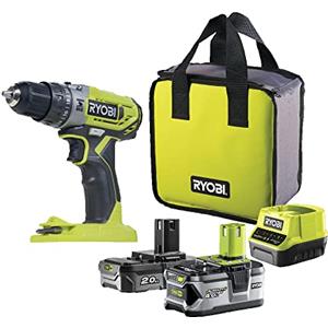 Ryobi R18PD2-242S Trapano Avvitatore a Percussione a Batteria 18V ONE+, Include Una Batteria 2.0Ah e Una Batteria 4.0Ah, 2 Velocità, 24 Regolazioni di Frizione, Luce LED