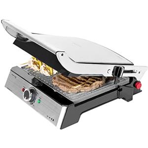 Cecotec Grill elettrico Rock'n Grill Pro. Rivestimento in pietra di pietra di roccia, Piatti rimovibili e reversibili, apertura a 180º, superficie 34 x 23 cm, acciaio inossidabile