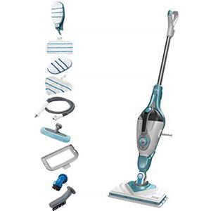 BLACK+DECKER, Scopa A Vapore Lavapavimenti Steam Mop 11 Accessori, Testa Pivotante Per Tutte Le Superfici, Tecnologia Autoselect Regolazione Vapore, 1600 W, Bianco E Azzurro, 380 ml. BHSM166DSM-QS