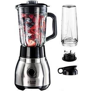 Russell Hobbs Frullatore Elettrico 2 in 1 - Frullatore in Vetro da 1,5 l e Bicchiere-MIxer in Vetro da 0,6 l Portatile - Lavabile in lavastoviglie, Tritaghiaccio, Tazza no BPA, Acciaio Inox 23821-56