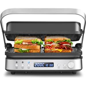 AMZCHEF 4-IN-1 Macchina (Grill Elettrico, Piastra, Piastra Panini, Waffle Maker) - 2000W Grill Elettrico con 4 Piastre Antiaderenti Intercambiabili -180° Riscaldamento a doppia Piastra Regolabile