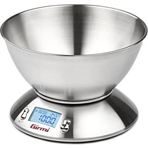 Girmi PS85 Bilancia Elettronica da Cucina,1 g/5 kg, Grande ciotola 2 L, Corpo e Ciotola Inox, Display retroilluminato, Funzione TARA, Timer