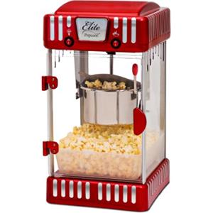 Elite Gourmet, Macchina per popcorn da tavolo EPM-250#, in classico stile retrò, 70,9 g, per popcorn al burro caldi come al cinema, rosso