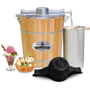 Elite Gourmet Gelatiera elettrica Old Fashioned Elite Gourmet con secchio vintage in legno degli Appalachi da 4 litri, classica manovella pressofusa, utilizza zangole per ghiaccio e salgemma in pochi minuti