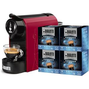 Bialetti Gioia, Macchina Caffè Espresso per Capsule in Alluminio, Incluse 64 Capsule, Funziona Esclusivamente con Capsule, Rosso