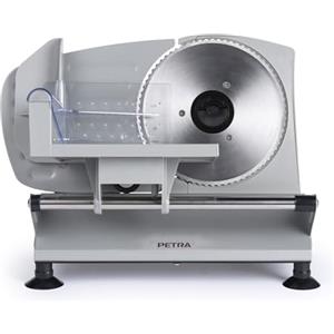 Petra PT4636VDE Affettatrice Elettrica - Macchina per tagliare alimenti, carne, formaggio, pane, spessezza da 1 a 15 mm, 3 x 170mm lame acciaio Inox, Antiscivolo, Dispositivo di Sicurezza proteggi