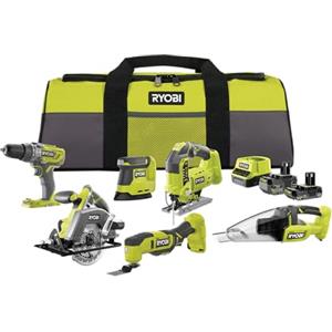 RYOBI - Kit 6 strumenti 18 V ONE+: Trapano a percussione, Sega alternativa, Levigatrice triangolare, Strumento multi-funzione, Sega circolare, Aspirapolvere - batteria 1 x 4 Ah, 1 x 2 Ah,