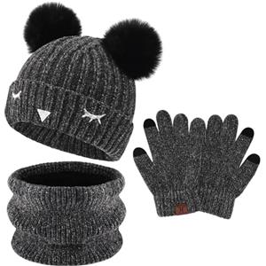 Bequemer Laden Ragazzi Ragazze Inverno Caldo Cappello Beanie Maglia Collo Sciarpa Scaldino Guanti Touchscreen Set per 3-10 Anni Bambino con Pompom Foderato in Pile