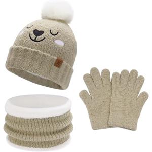 Bequemer Laden Set di guanti invernali per bambini, con pompon e berretto invernale, per bambini da 0 a 8 anni, per bambine da 0 a 8 anni, regalo di Natale, (5-8 anni) kaki, 5-8 Anni