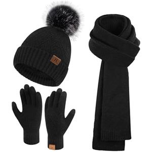 Bequemer Laden Donna Inverno Beanie Cappello Lunga Sciarpa Touch Screen Guanti Set Maglia Pompom Berretto con Fodera in Pile