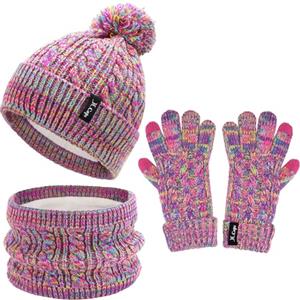 ZASFOU Cappello Invernale Sciarpa Guanti Touch Screen Set per Bambini 3-6-12 Anni Berretto Cappelli in Maglia con Pompon Scaldacollo Guanto Regali per Ragazze Ragazzo