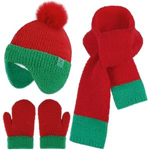 Bequemer Laden Set di guanti invernali per bambini, con pompon e sciarpa, per bambini, berretto invernale a maglia con orecchie, per 0, 6, 12, 18 mesi, 1, 2, 3, 4 anni, per ragazze e ragazzi, Rosso &