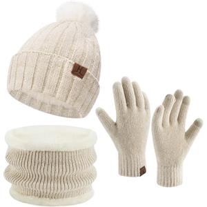 ZASFOU Donna Inverno Berretto Cappelli Sciarpa Touchscreen Guanti Set Maglia ciniglia Teschio Berretto Caldo Pile Foderato