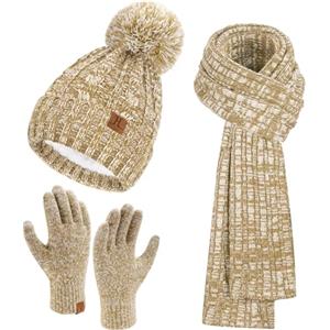 Bequemer Laden Berretto invernale da donna, caldo, con touch screen, set di sciarpe lunghe con fodera in pile, berretto invernale termico con pompon e sciarpe, guanti invernali da donna, regalo,