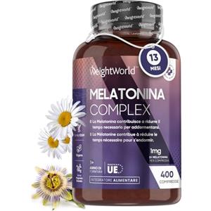 WeightWorld Melatonina per Dormire 1mg, 400 Compresse per 13+ Mesi, Camomilla con Melatonina Forte, 1 Compressa Melatonina a Sera, Melatonina Pura Lento Rilascio con Vitamina B6, Magnesio e Passiflora Compresse