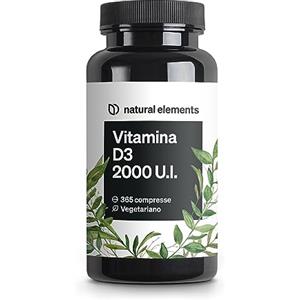 natural elements Vitamina D3 2000 U.I. - 365 compresse - per le ossa e il sistema immunitario - Integratore Vitamina D - ad alto dosaggio, senza additivi inutili - prodotto e testato in laboratorio in Germania