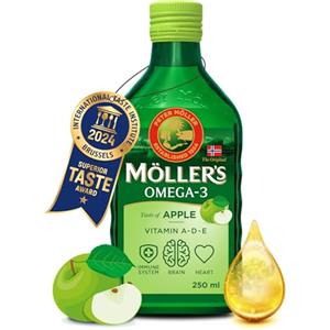 MÖLLER'S Moller's ® | Olio di fegato di merluzzo Omega 3 | Integratori alimentari di omega-3 con EPA, DHA, vitamine A, D ed E | Superior Taste Award | Marchio esistente da 166 anni | Mela | 250 ml