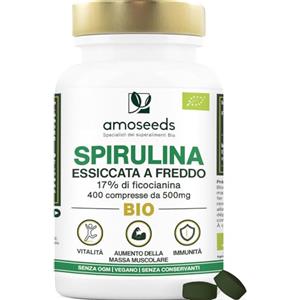 Amoseeds Spirulina BIO, 4500mg al giorno | 17% Ficocianina, essiccata a freddo | 400 compresse vegane de 500mg | Vitamine, Diminuisce la stanchezza, Sistema immunitario | Qualità superiore