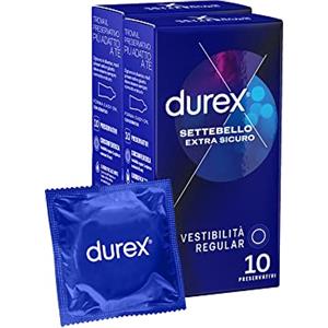 Durex Settebello Extra Sicuro (56 mm), Forma serbatoio Easy-on, 2 confezioni, 20 Profilattici Spessi, vestibilità Regular