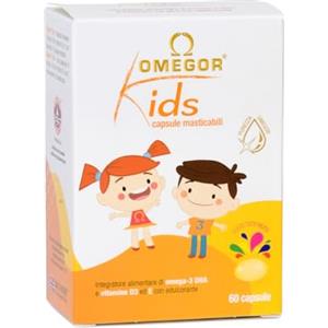 Omegor Kids, Omega-3 per Bambini 3+ Anni (60 Capsule Masticabili) al Gusto Tutti Frutti ‒ 125mg di DHA per Capsula ‒ Certificato Friends of the Sea, con Vitamine D3 ed E, Senza Metalli Pesanti