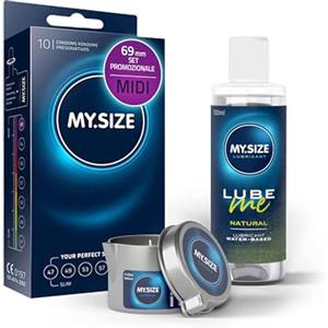 MY.SIZE Confezione risparmio: 10 preservativi MY.SIZE da 69 mm + lubrificante naturale MY.SIZE da 100 ml + candela per massaggi MY.SIZE