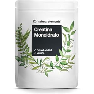 natural elements Creatina Monoidrato - 500 g di polvere ultra fine (fattore di maglia 200) - ad alto dosaggio - vegana, senza additivi inutili - prodotta e testata in laboratorio in Germania