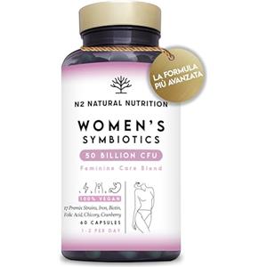 N2 Natural Nutrition Fermenti Lattici Probiotici (50 Milioni UFC/17 Ceppi) Salute Intestinale, Vaginale, Urinaria e Ormonale. Mirtillo Rosso, Vitamine e Minerali. Formula Unica Donna. 60 Capsule. N2 Natural Nutrition