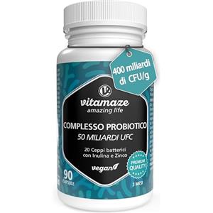 Vitamaze - amazing life Complesso Fermenti Lattici Probiotici, 400 miliardi CFU/gr* per dose, (3 Mesi) con 20 ceppi batterici con Prebiotici Inulina e Zinco, capsule vegane ed entericizzate, Qualità Europea. Vitamaze®