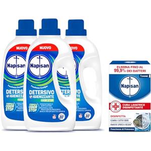 Napisan Kit Lavatrice, Detersivo Lavatrice Liquido Igienizzante Odorstop - 69 Lavaggi, 1 Cura Lavatrice Disinfettante da 250ml.