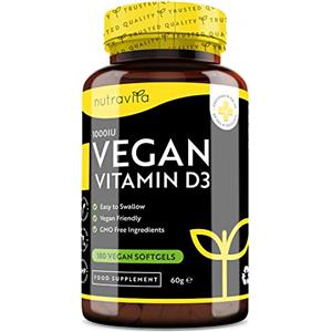 Nutravita Vitamina D Vegan 1000 UI (25ug) per Softgel - Vitamina D3 base vegetale derivate dal lichene - Mantiene sano il sistema immunitario, muscoli, ossa, denti - 180 softgel vegana - Prodotto da Nutravita