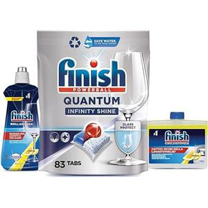 Finish Kit Lavastoviglie; Finish Quantum Infinity Shine Pastiglie Lavastoviglie 83 lavaggi, Brillantante Lemon 500ml, Curalavastoviglie Lemon 250ml