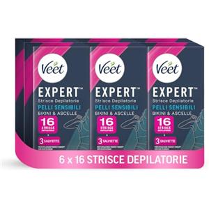 Veet Expert, Strisce Depilatorie Ascelle e Bikini Pelli Sensibili 96 Strisce, 6 confezioni