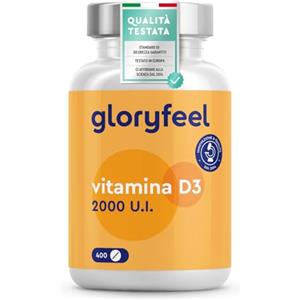 Gloryfeel Vitamina D 2000UI (50mcg), Qualità Premium, 13+ Mesi di Vitamina D3, 400 Compresse di Vitamina D 2000 UI (Colecalciferolo), Ossa, Denti, Muscoli, Sistema Immunitario, Integratore Vitamina D (Vit D)