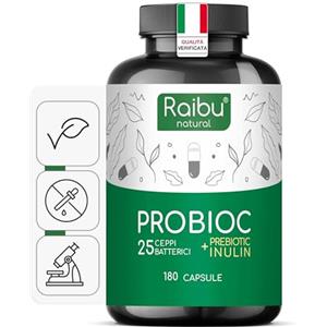 RAIBU Probiotici Fermenti Lattici Probioc - 180 Capsule, 25 Ceppi Batterici con Inulina, 60 Miliardi UFC - Resistenti ai Succhi Gastrici, Alta Dosaggio & Inclusi Lactobacillus e Bifidobatteri - Raibu