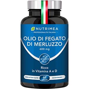 Plastimea Olio di Fegato di Merluzzo 600 mg | 100% del fabbisogno di vitamine A e D | Immunità | Salute della pelle | Capitale osseo | Qualità premium | 60 capsule | Nutrimea