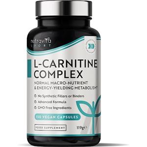 Nutravita L CARNITINA - 150 Capsule vegane ad alta resistenza con riboflavina aggiunta, biotina, cromo, vitamina D, B3 e B6