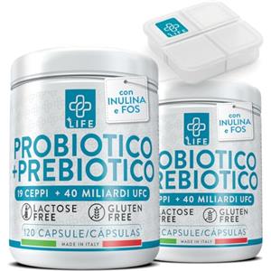 +LIFE Probiotici e Prebiotici 240 Capsule PiuLife® 40 Miliardi UFC Dose, Fermenti Lattici Probiotici Da 19 Ceppi, Probiotici Per Intestino con Inulina e FOS, Regolarità Intestinale Gonfiore Addominale