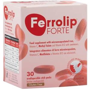 Ferrolip Forte Integratore Ferro da Sciogliere in Bocca Senza Acqua (30 Bustine Monodose x 1,8 g) ‒ Con Metilfolato e Vitamine ‒ Senza Effetti Collaterali Gastrointestinali, Privo di Sapore Metallico